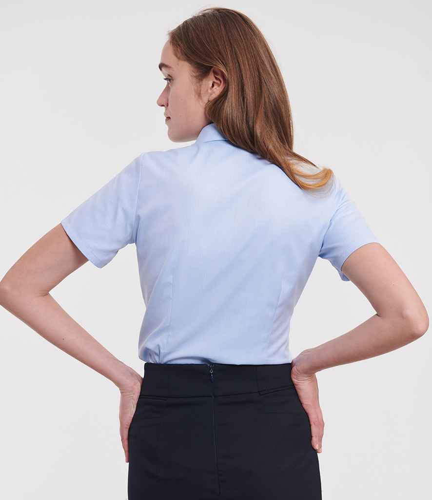 Russell Russell Athletic Collection Ladies Short Sleeve Herringbone Shirt Light Blue