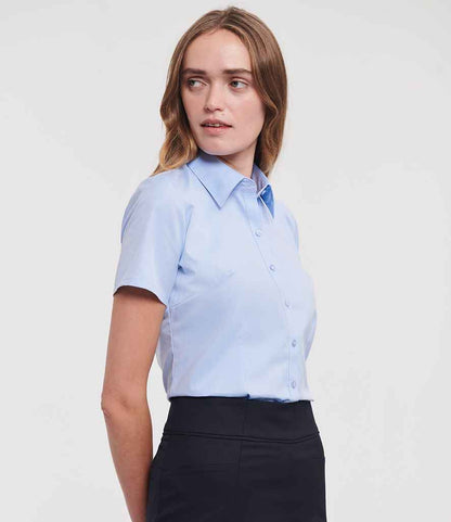 Russell Russell Athletic Collection Ladies Short Sleeve Herringbone Shirt Light Blue