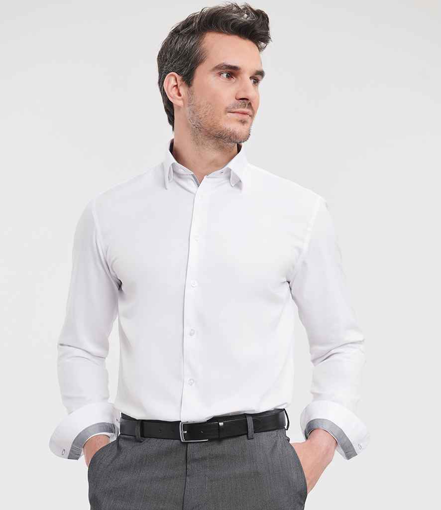 Russell Russell Athletic Collection Long Sleeve Contrast Herringbone Shirt White/Silver