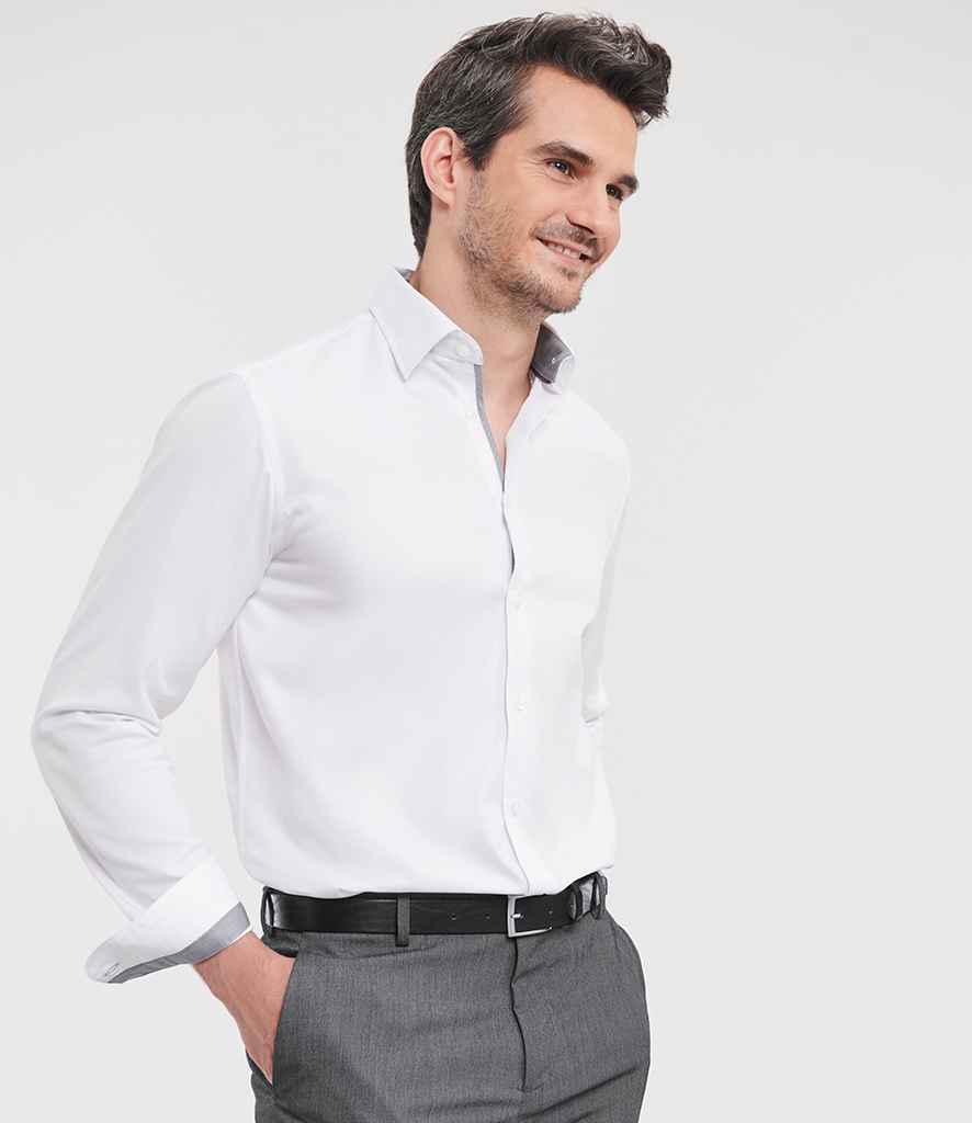 Russell Russell Athletic Collection Long Sleeve Contrast Herringbone Shirt White/Silver
