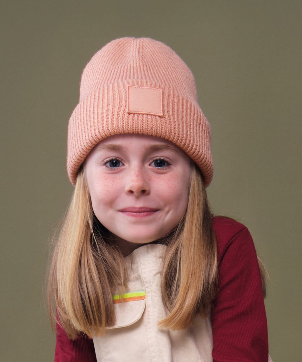 Beechfield Kids deep cuffed tonal patch beanie Black