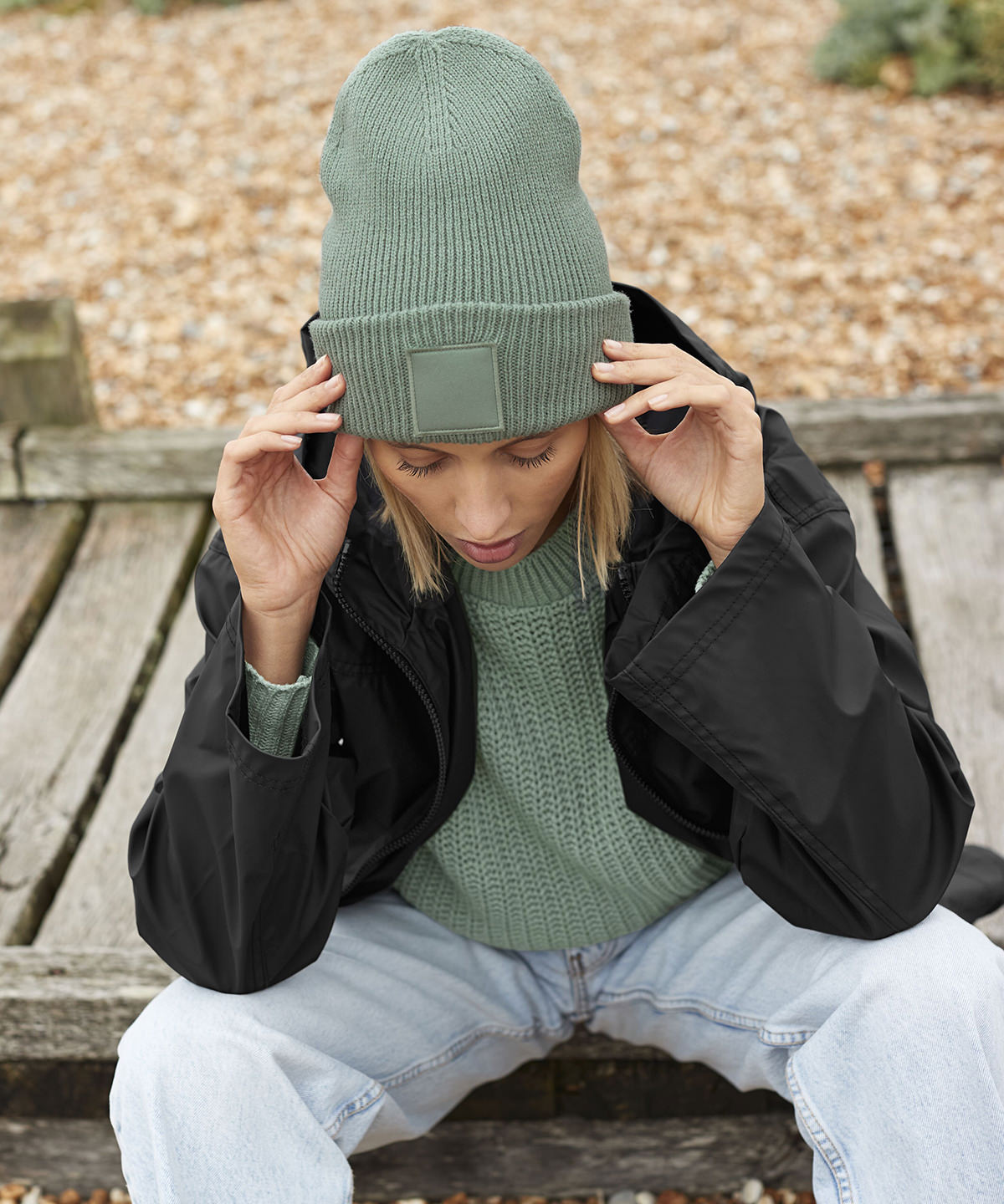 Beechfield Deep-cuffed tonal patch beanie Black