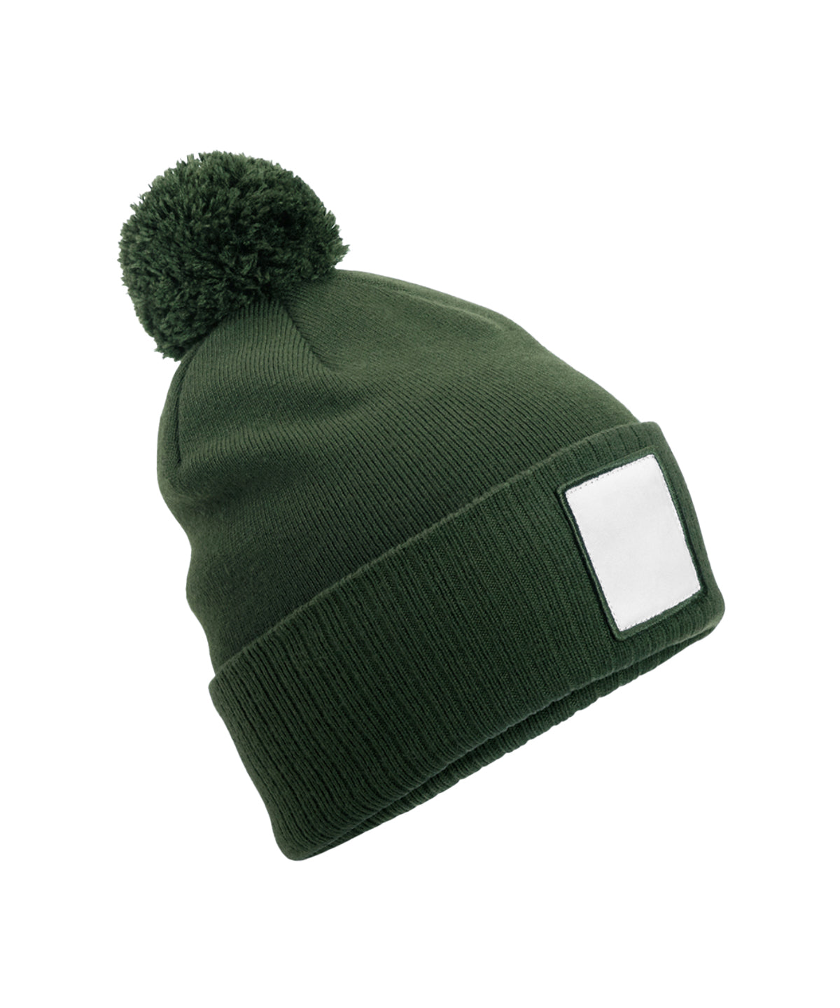 Beechfield Appliqué patch pom beanie Olive Green/White