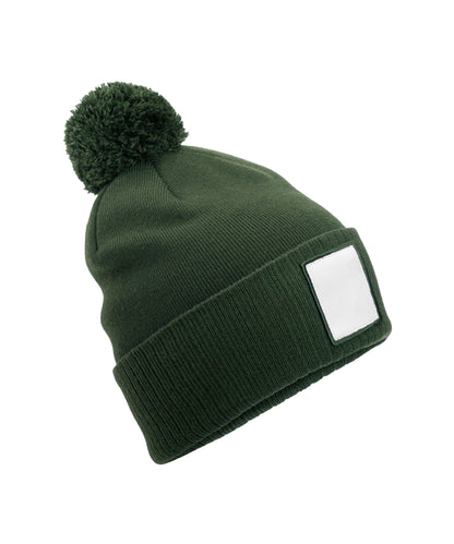Beechfield Appliqué patch pom beanie Olive Green/White