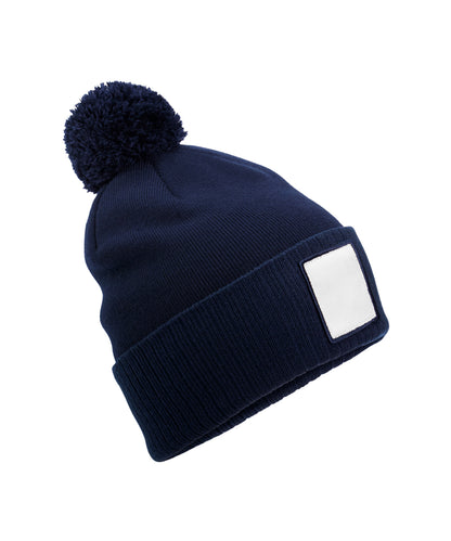 Beechfield Appliqué patch pom beanie Oxford Navy/White