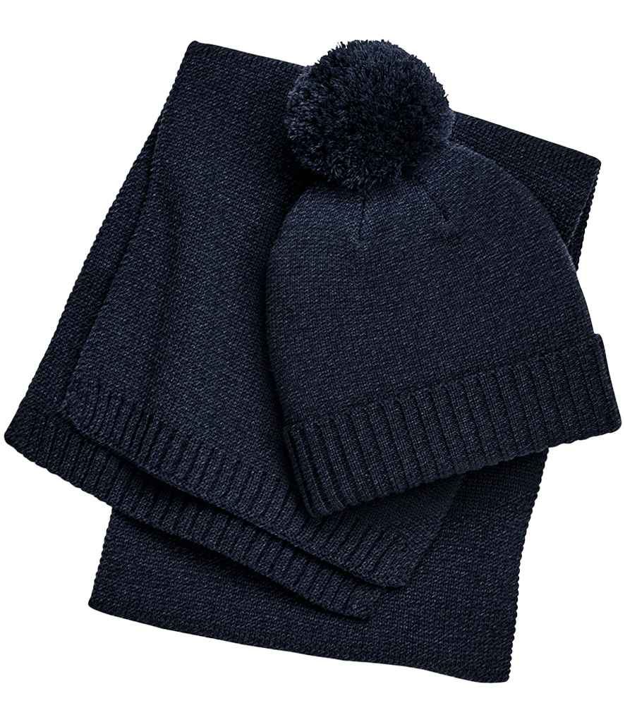 Beechfield Knitted Scarf and Beanie Gift Set in Navy Fleck
