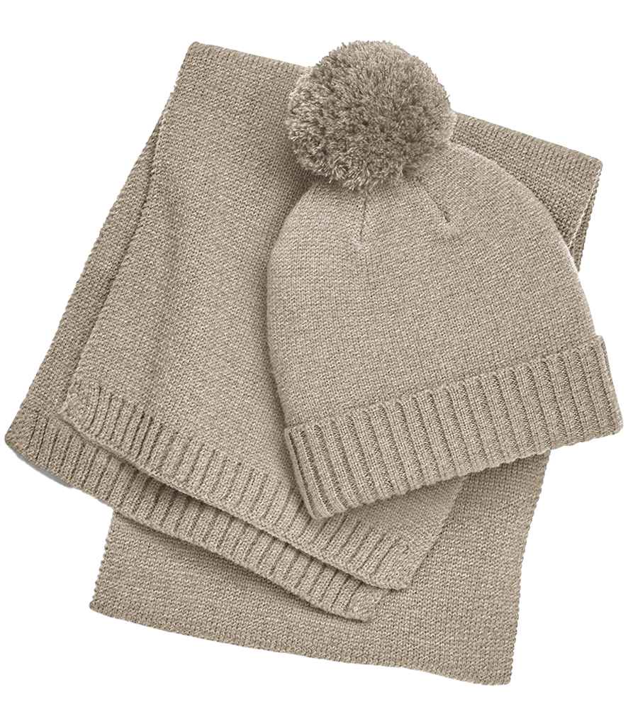 Beechfield Knitted Scarf and Beanie Gift Set in Oatmeal Fleck