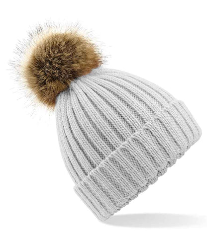Beechfield Faux Fur Pop Pom Chunky Beanie in Light Grey