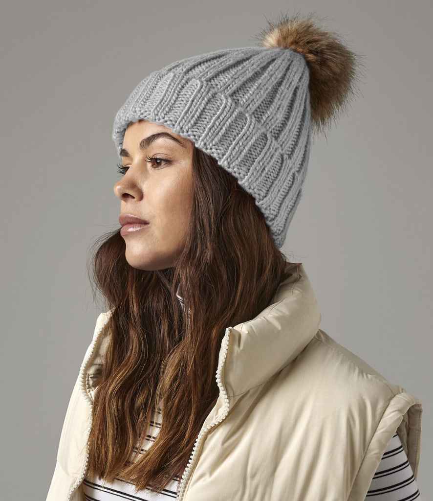 Beechfield Beechfield Faux Fur Pop Pom Chunky Beanie Light Grey