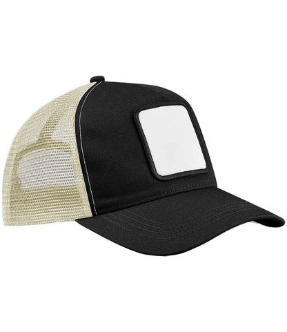 Beechfield Appliqué Patch 5 Panel Trucker Cap in Black/Stone