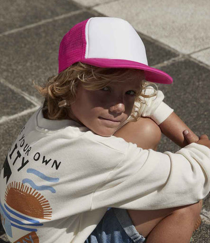 Beechfield Beechfield Kids Vintage Snapback Trucker Cap Fuchsia/White