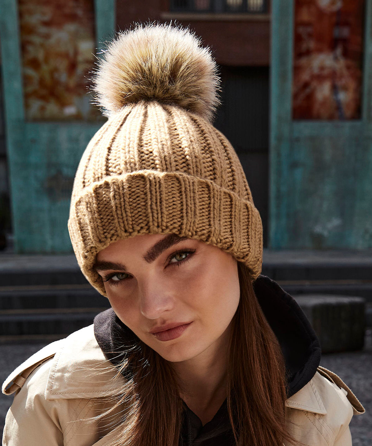 Beechfield Fur pop pom chunky beanie Biscuit