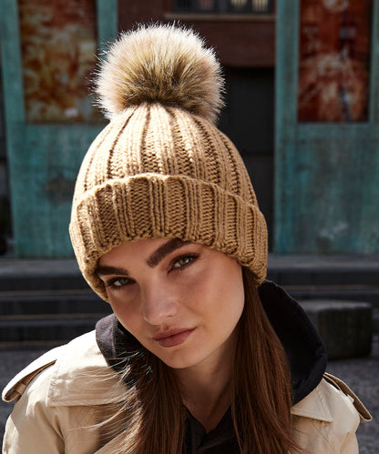 Beechfield Fur pop pom chunky beanie Biscuit