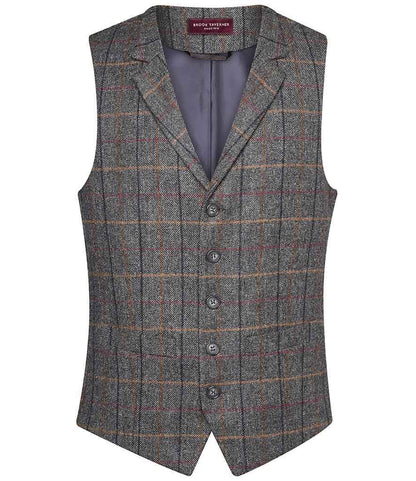 Brook Taverner Memphis Tweed Waistcoat in Grey Brown Check