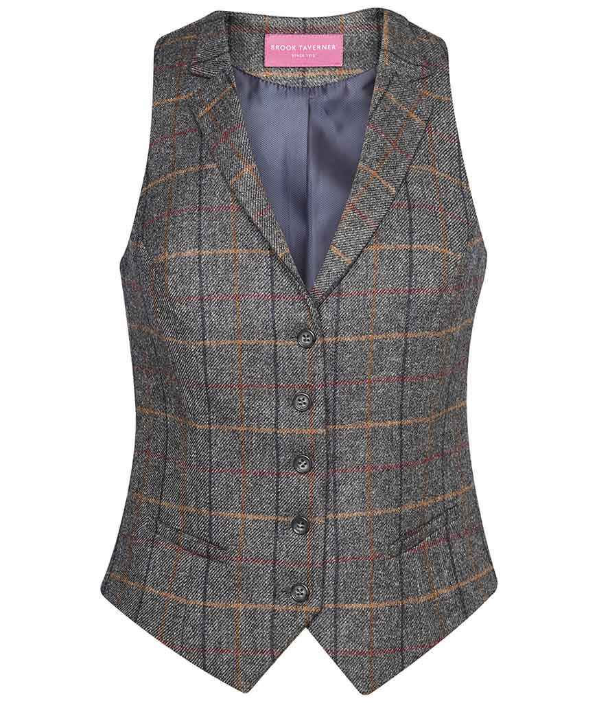 Brook Taverner Ladies Nashville Tweed Waistcoat in Grey Brown Check