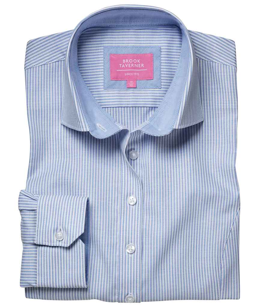 Brook Taverner Ladies Mirabel Long Sleeve Stretch Oxford Shirt in Sky Blue Stripe
