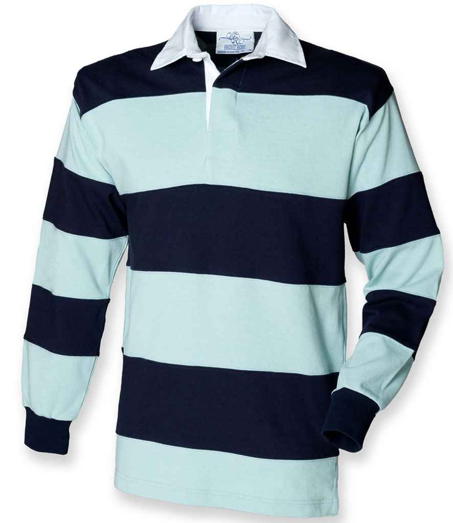 Front Row Sewn Stripe Rugby Shirt in Duck Egg/Navy