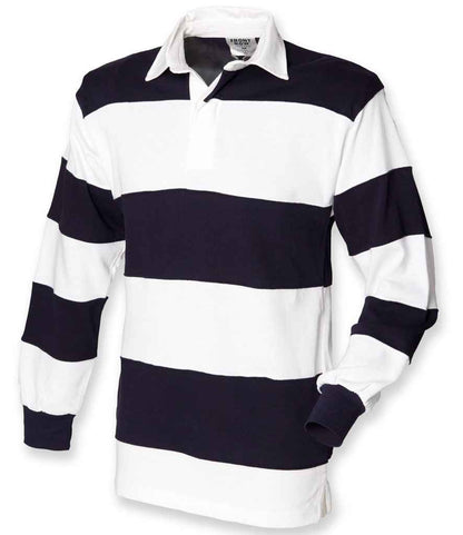 Front Row Sewn Stripe Rugby Shirt in White/Navy