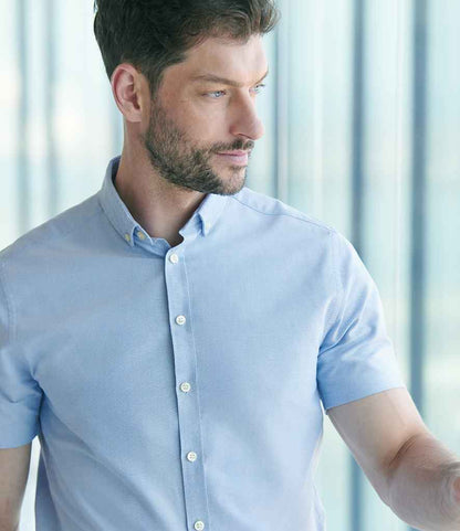 Henbury Henbury Modern Short Sleeve Slim Fit Oxford Shirt Blue