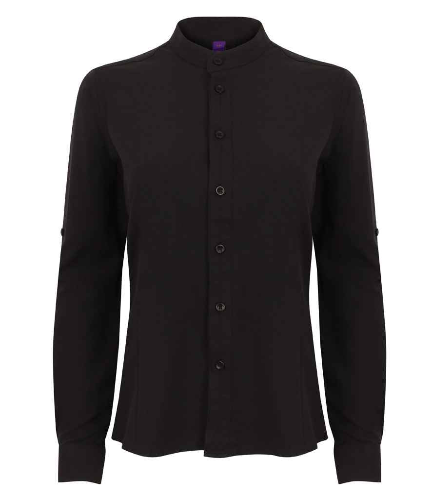 Henbury Ladies Mandarin Roll Sleeve Anti-Bac Wicking Shirt in Black