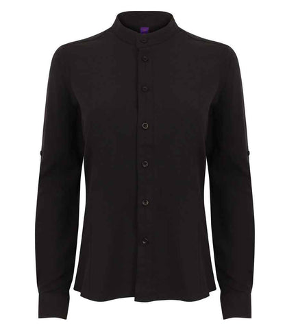 Henbury Ladies Mandarin Roll Sleeve Anti-Bac Wicking Shirt in Black