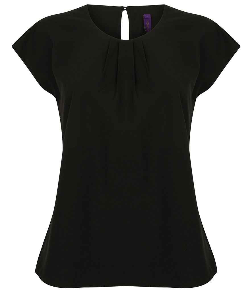 Henbury Ladies Pleat Front Short Sleeve Blouse in Black