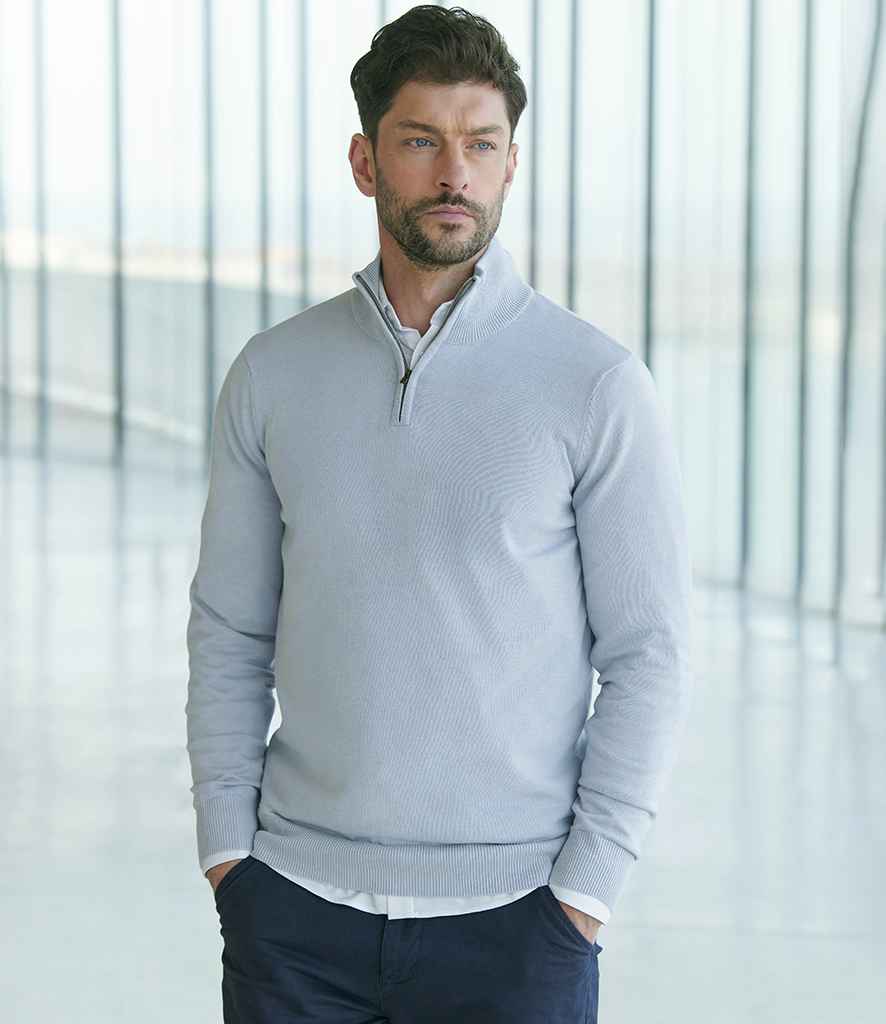 Henbury Zip Neck Sweater in Light Heather Grey