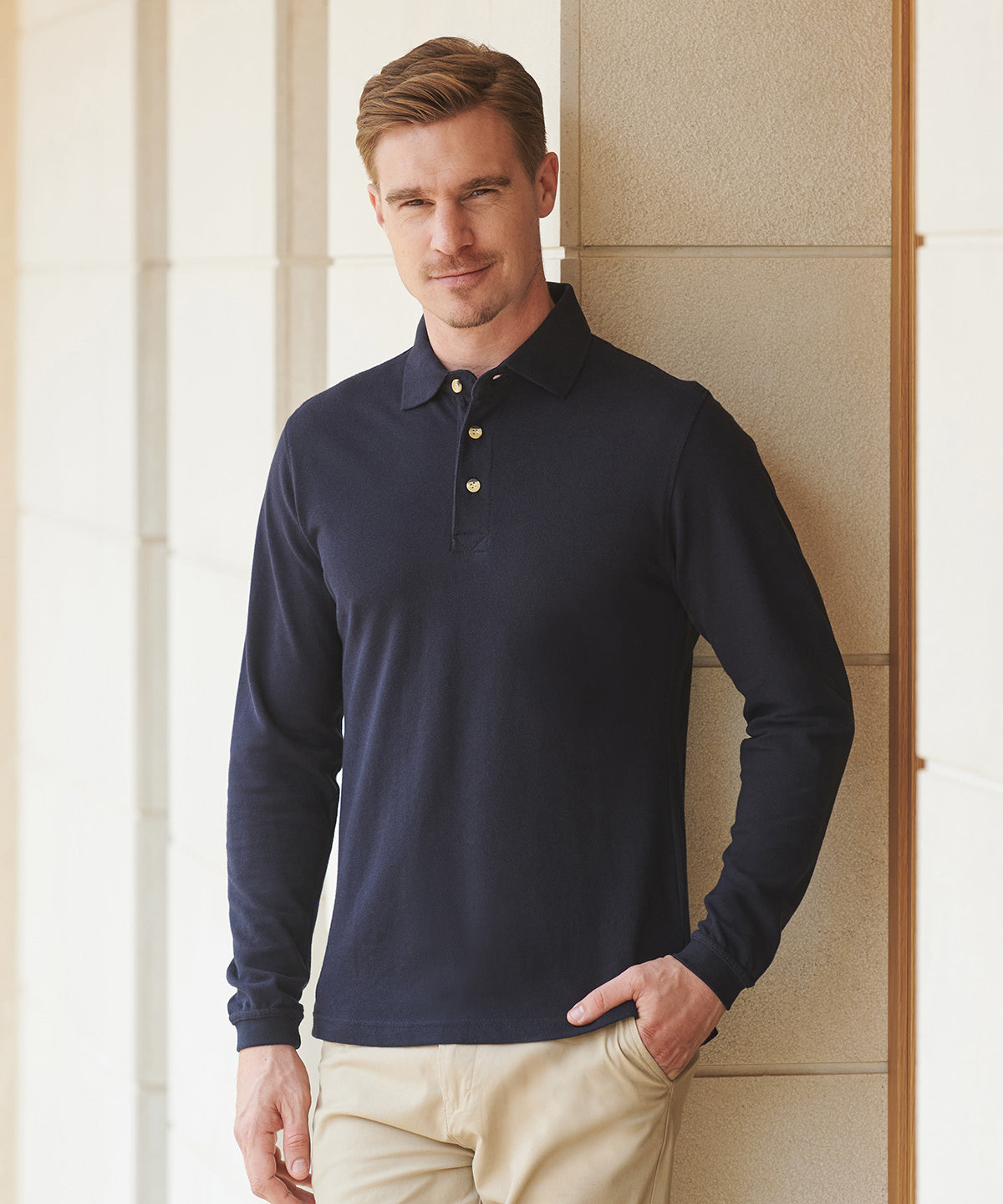 Henbury Long sleeve cotton polo shirt Black