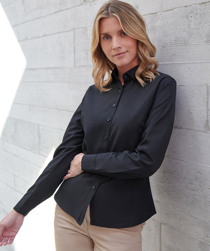 Henbury Women’s long sleeve ‘cotton-feel’ Coolplus® shirt Black