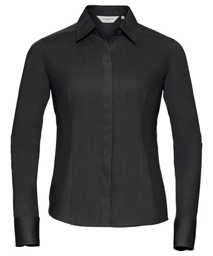 Russell Women's long sleeve polycotton easycare fitted poplin shirt Black