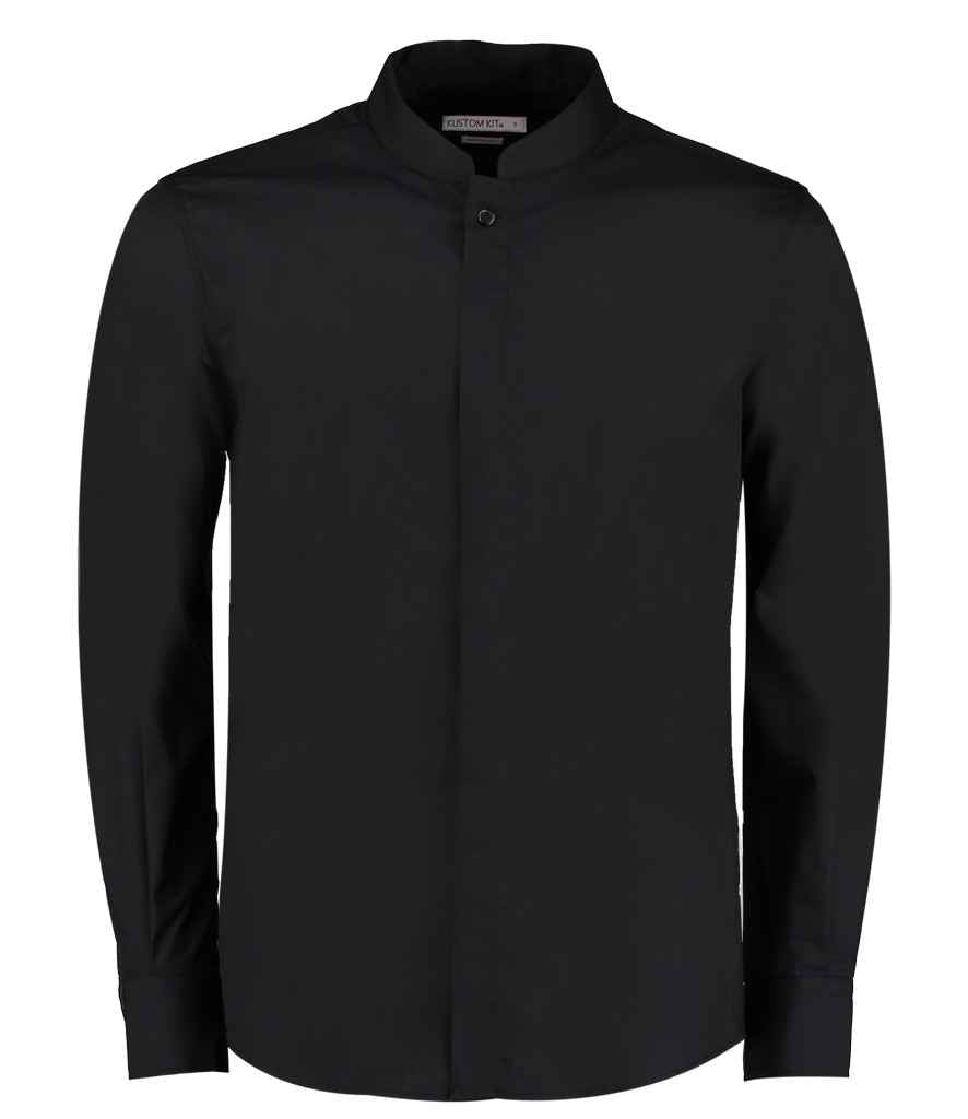 Kustom Kit Long Sleeve Tailored Mandarin Collar Shirt in Black