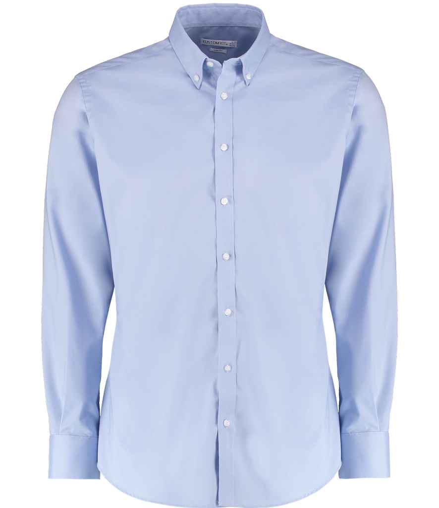 Kustom Kit Slim Fit Stretch Long Sleeve Oxford Shirt in Light Blue