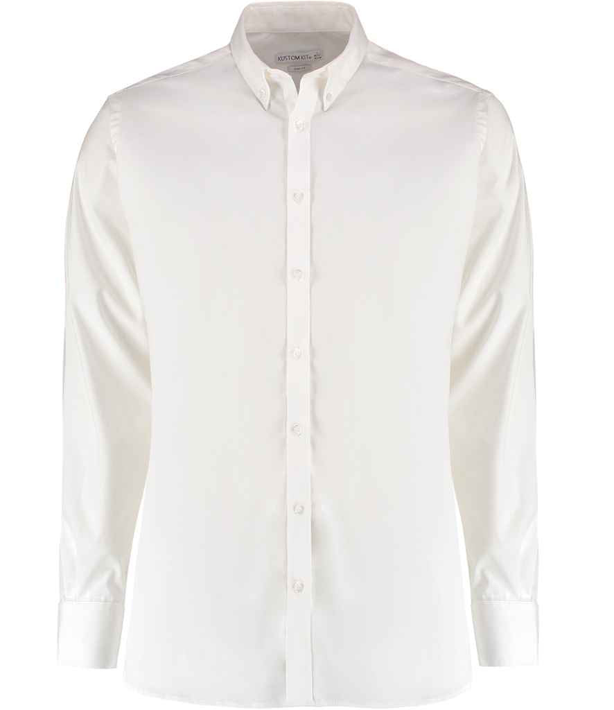 Kustom Kit Slim Fit Stretch Long Sleeve Oxford Shirt in White