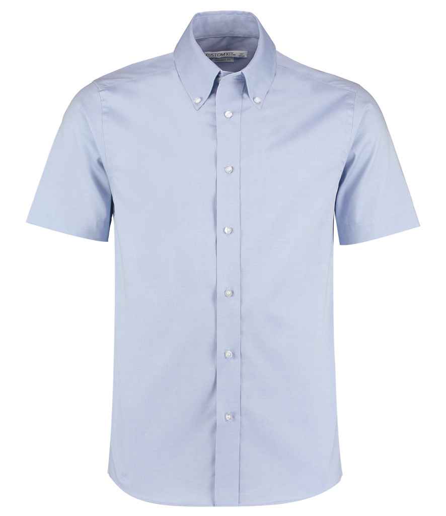 Kustom Kit Premium Short Sleeve Tailored Oxford Shirt in Light Blue