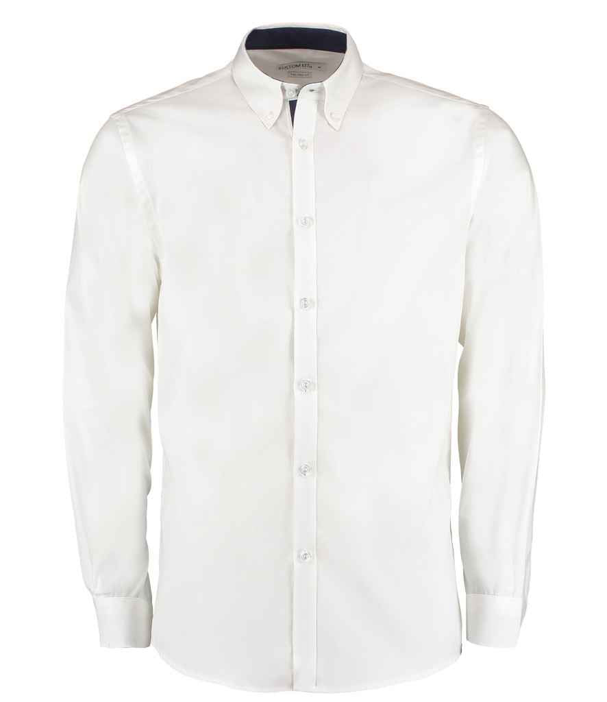 Kustom Kit Premium Long Sleeve Contrast Tailored Oxford Shirt in White/Navy