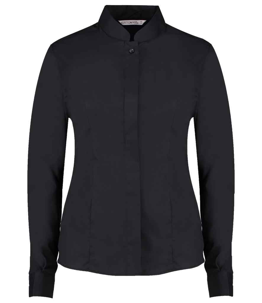 Kustom Kit Ladies Long Sleeve Tailored Mandarin Collar Shirt in Black