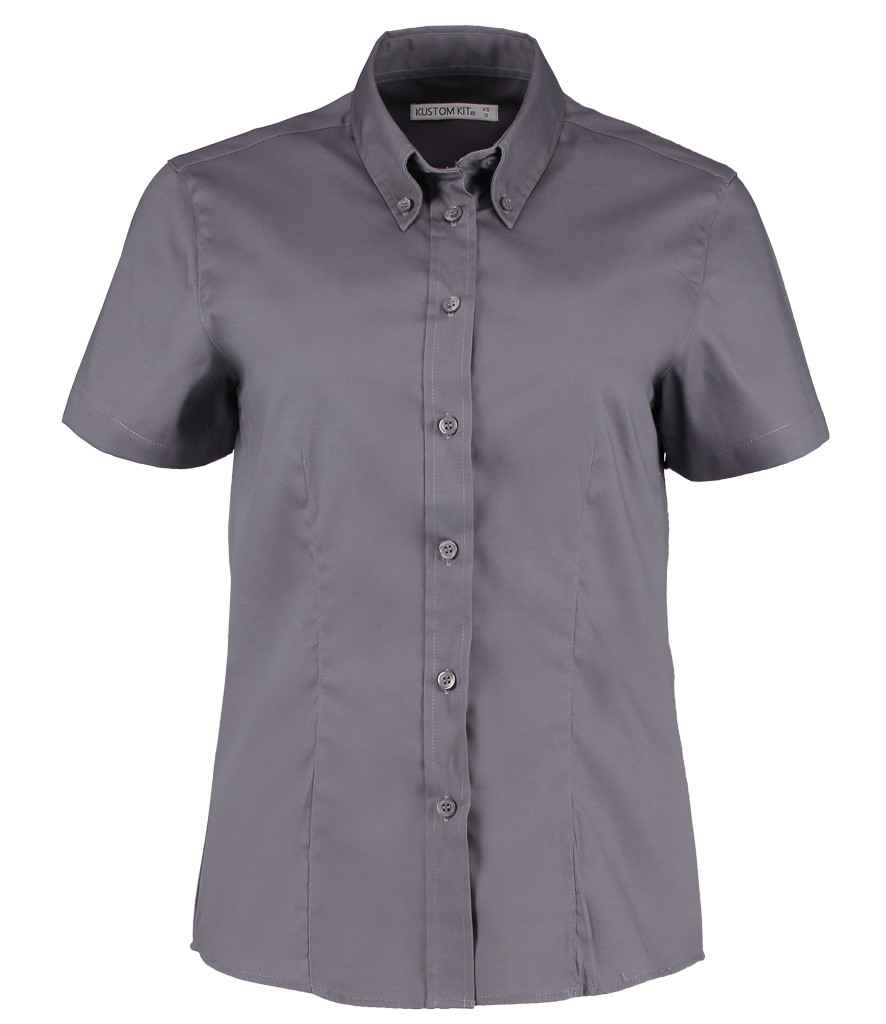 Kustom Kit Ladies Premium Short Sleeve Tailored Oxford Shirt in Charcoal
