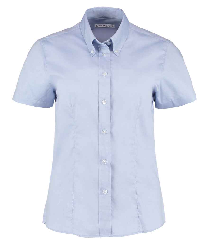 Kustom Kit Ladies Premium Short Sleeve Tailored Oxford Shirt in Light Blue