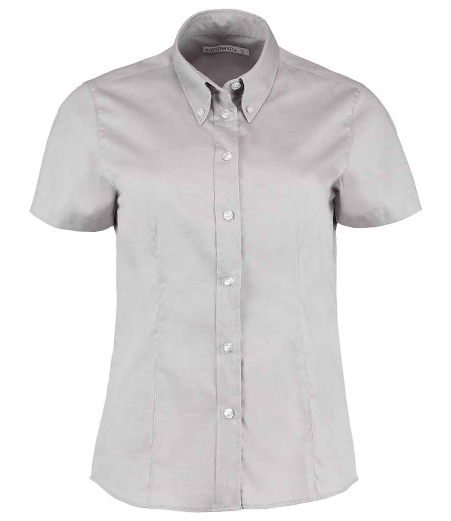 Kustom Kit Ladies Premium Short Sleeve Tailored Oxford Shirt in Silver