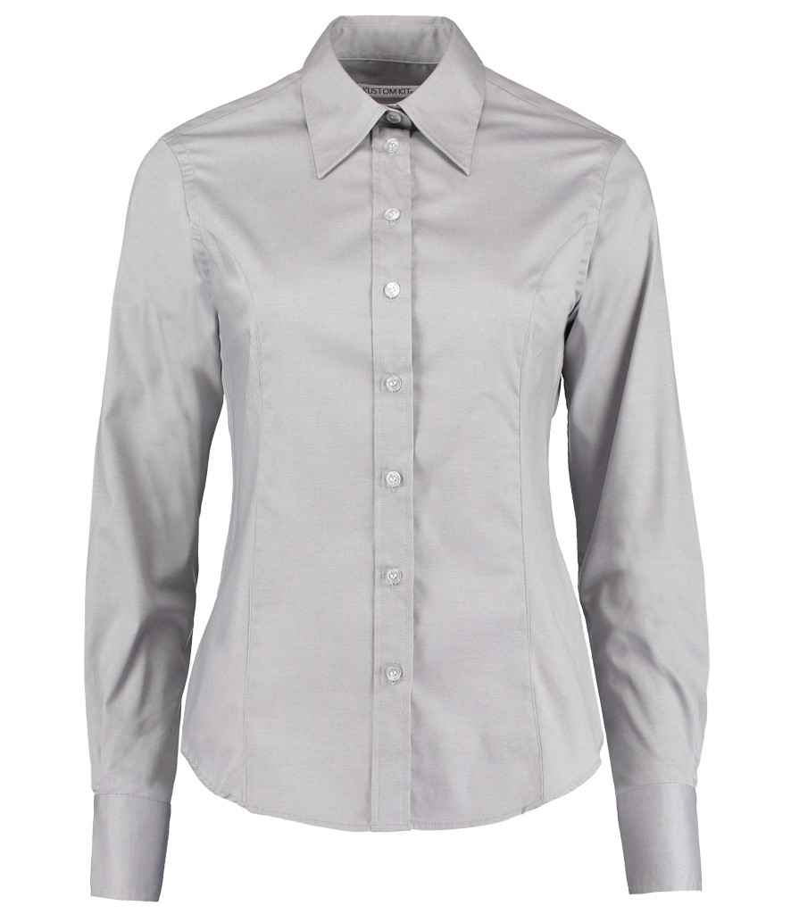 Kustom Kit Ladies Premium Long Sleeve Tailored Oxford Shirt in Silver