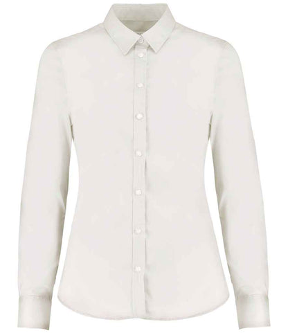 Kustom Kit Ladies Long Sleeve Tailored Stretch Oxford Shirt in White