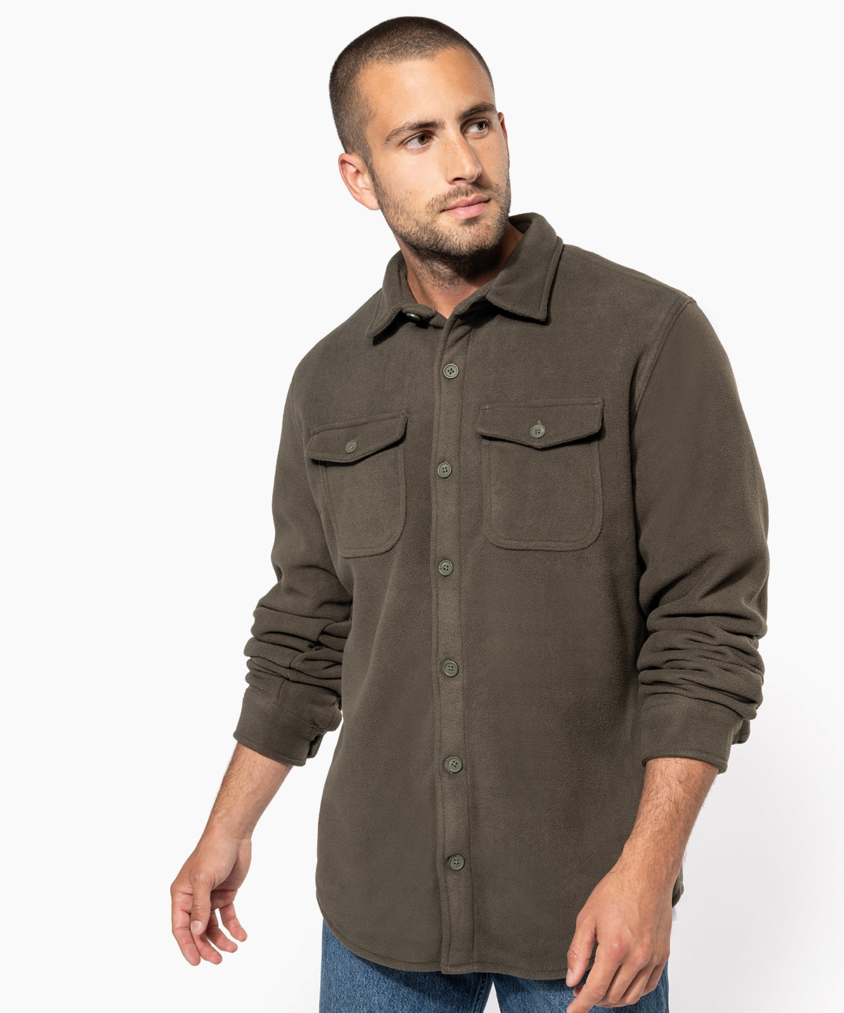 Kariban Sherpa-lined fleece overshirt Dark Khaki/Storm Grey