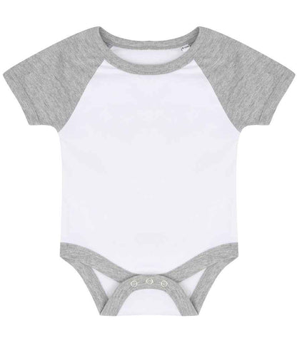 Larkwood Essential Short Sleeve Baby Baseball Bodysuit in White/Heather Grey