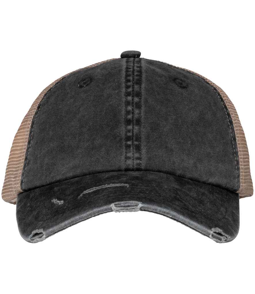 Native Spirit Washed Trucker Destroy Cap in Black/Beige