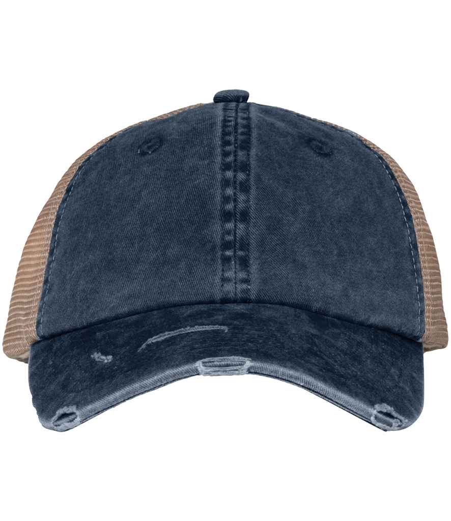 Native Spirit Washed Trucker Destroy Cap in Navy/Beige