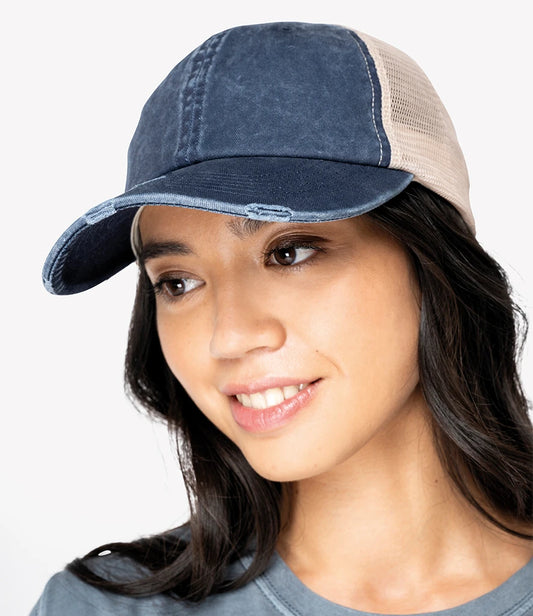 Native Spirit Washed Trucker Destroy Cap - Navy/Beige - Model