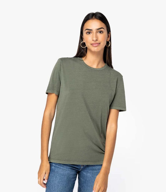 Native Spirit Unisex Faded T-Shirt - Washed Organic Khaki - Model