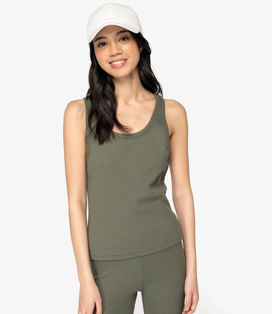 Native Spirit Ladies Ribbed Tank Top - Organic Khaki - Model
