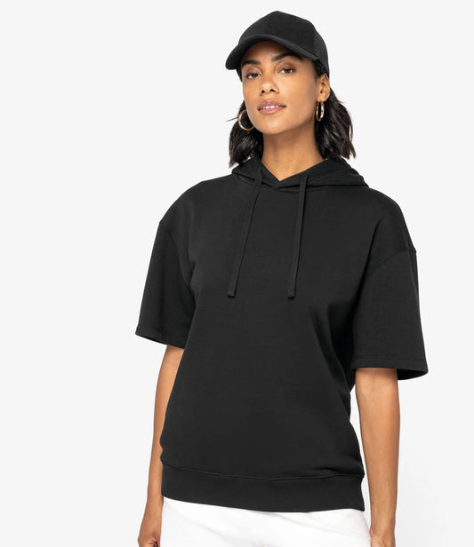 Native Spirit Unisex French Terry Short Sleeve Hooded Sweatshirt - Black - Model