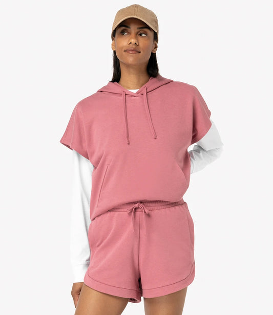 Native Spirit Ladies French Terry Sleeveless Hooded Sweatshirt - Antique Rose - Model